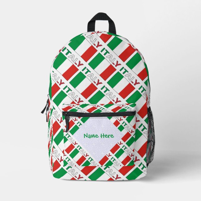 Italy and Italian Flag Tiled Green Personalisation Printed Backpack (Front)