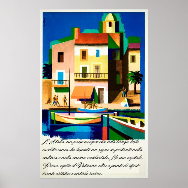 Italy, Bright Colourful Houses River Vintage Trave Poster (Front)