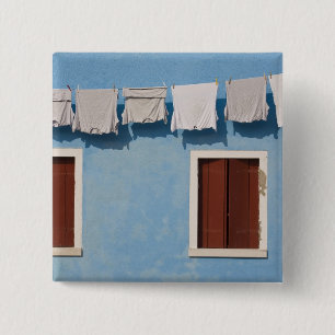 Italy, Burano. Hanging laundry and windows along 15 Cm Square Badge