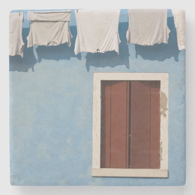 Italy, Burano. Hanging laundry and windows along Stone Coaster (Front)