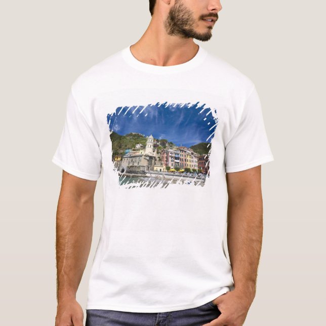 Italy, Cinque Terre, Vernazza, Harbour and Church T-Shirt (Front)