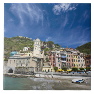 Italy, Cinque Terre, Vernazza, Harbour and Church Tile