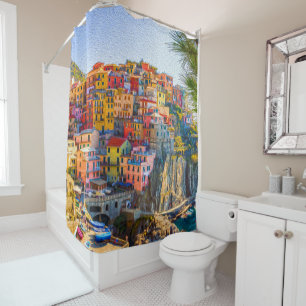 Italy Colourful Sea Houses Painting Shower Curtain