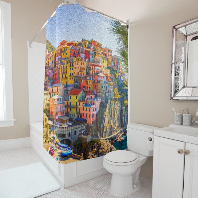 Italy Colourful Sea Houses Painting Shower Curtain (In Situ)