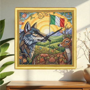 Italy, Deer & Wolf, Art Nuovo W. Morris, Framed Square Wall Clock