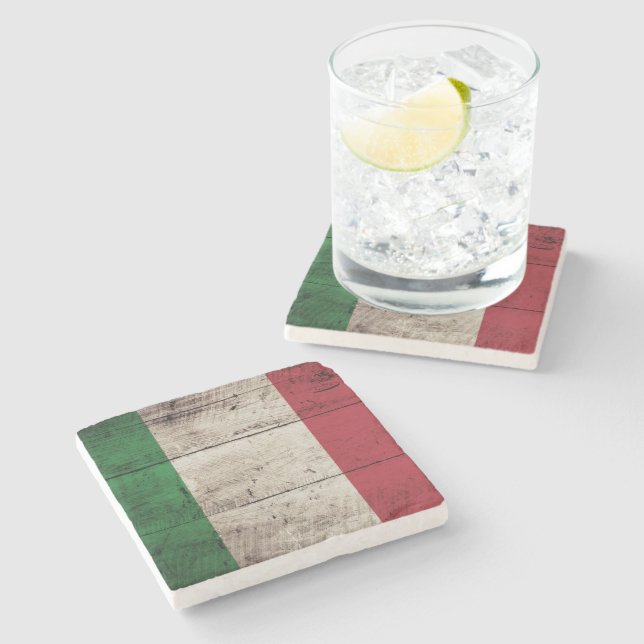 Italy Flag on Old Wood Grain Stone Coaster (Side)