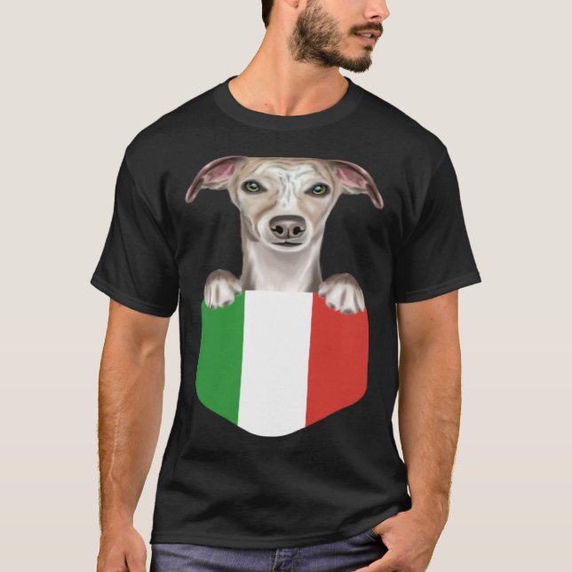 Italy Flag Whippet Dog In Pocket T-Shirt (Front)