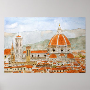 italy florence watercolor painting, duomo painting poster