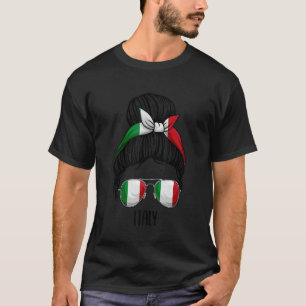 Italy  For Girls And Women Messy Bun Italian Flag T-Shirt