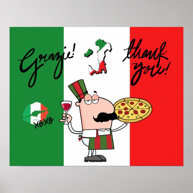Italy Grazie Pizza Chef Wine Kiss XOXO Art Poster (Front)