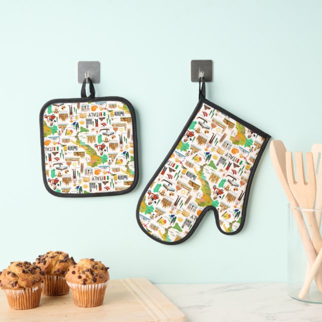 Italy Icons Design Oven Mitt & Pot Holder Set (Insitu(Hanging))