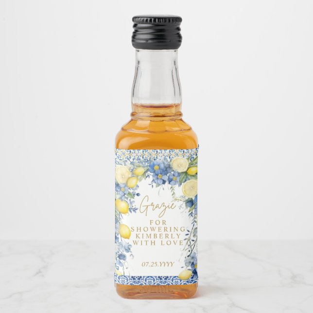 Italy Lemon Blue Tiles Grazie Bridal Shower Liquor Bottle Label (Front)