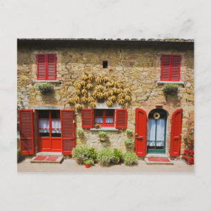 Italy, Lucignano, Red Shutters and Harvest Postcard