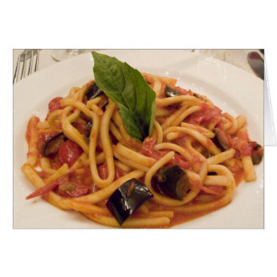 Italy, Positano. Plate of pasta and eggplant.
