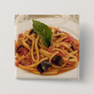 Italy, Positano. Plate of pasta and eggplant. 15 Cm Square Badge
