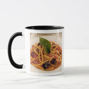 Italy, Positano. Plate of pasta and eggplant. Mug