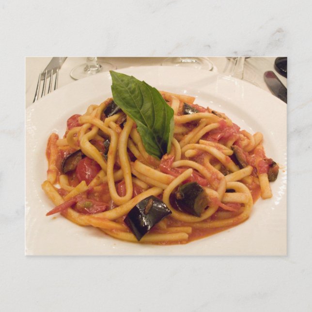 Italy, Positano. Plate of pasta and eggplant. Postcard (Front)