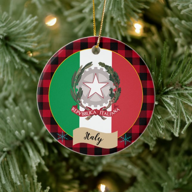 Italy, Red buffalo plaid & Italian Flag Ceramic Tree Decoration (Tree)