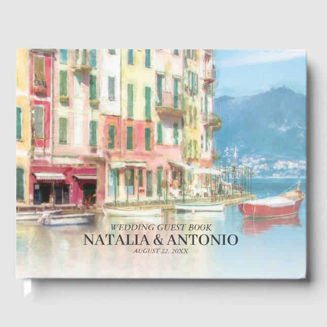 Italy Sea | Portofino Watercolor Wedding Guest Book (Front)