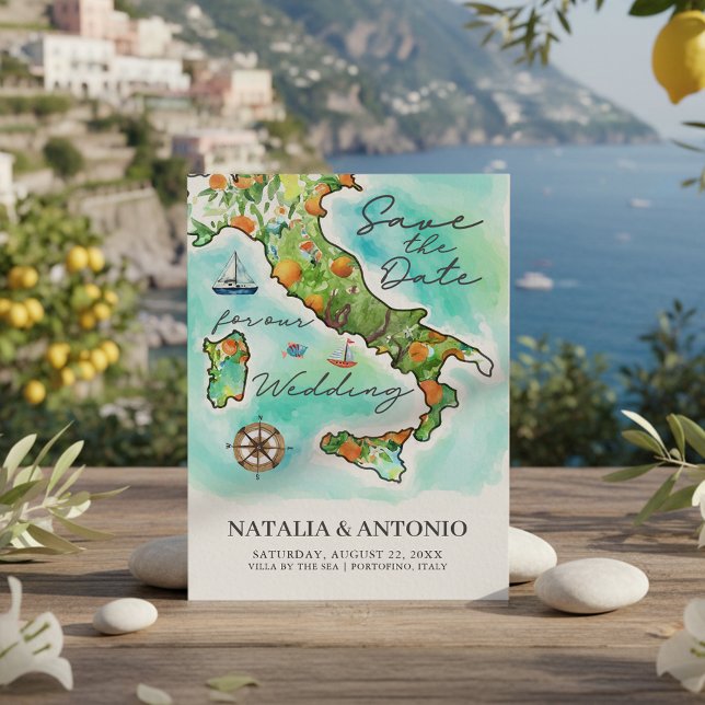 Italy Sea | Watercolor Map Wedding Save The Date (Creator Uploaded)