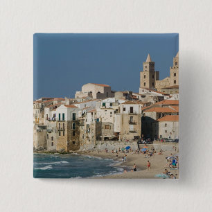 Italy, Sicily, Cefalu, Town View with Duomo from 15 Cm Square Badge
