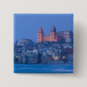 Italy, Sicily, Cefalu, View with Duomo from 15 Cm Square Badge