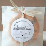 Italy Skyline | Wedding Welcome Message Classic Round Sticker<br><div class="desc">Enhance your wedding welcome packages or event party favours with a custom set of welcome stickers! These elegant yet minimal-style stickers are tailored for a wedding taking place in the beautiful country of Italy. They feature a modern deco skyline with the name of the city integrated underneath. All elements of...</div>