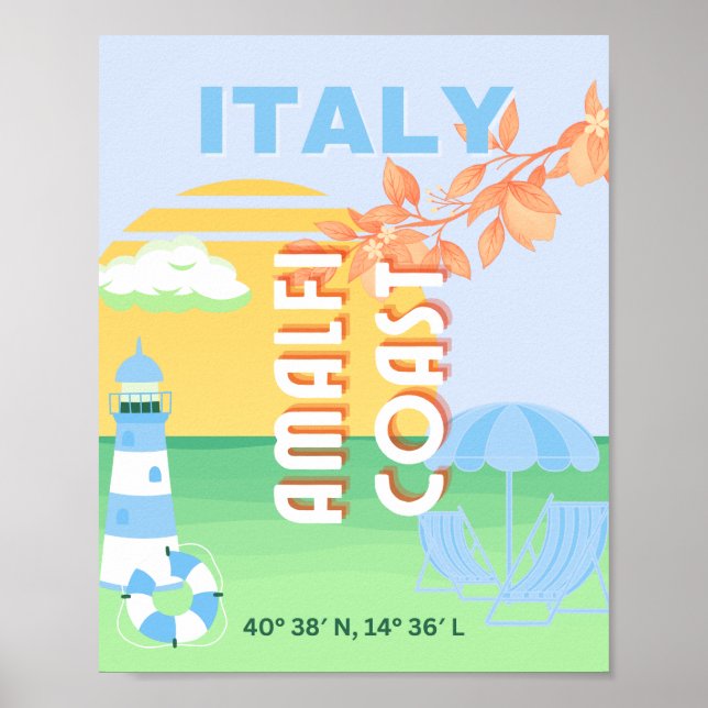 Italy Travel Art, Amalfi Coast, Preppy, Blue Poster (Front)