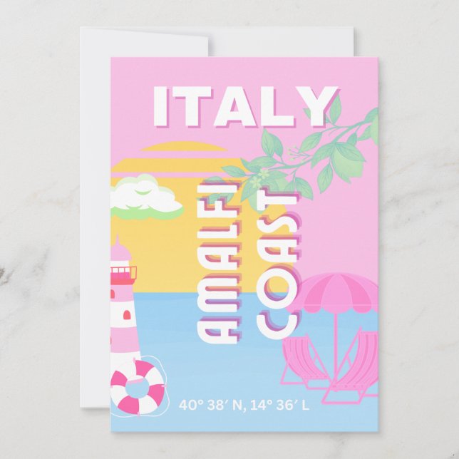 Italy Travel art, Amalfi Coast, Preppy, Pink Holiday Card (Front)