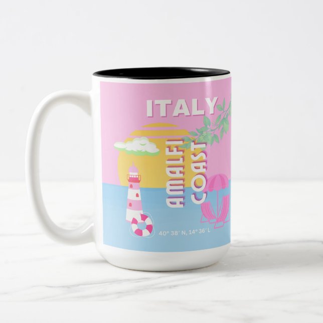 Italy Travel art, Amalfi Coast, Preppy, Pink Two-Tone Coffee Mug (Left)