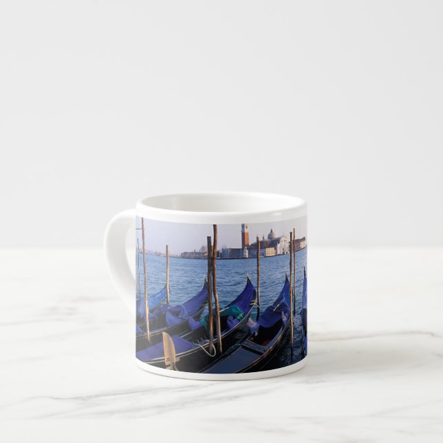 Italy, Veneto, Venice, Row of Gondolas and San Espresso Cup (Front Left)
