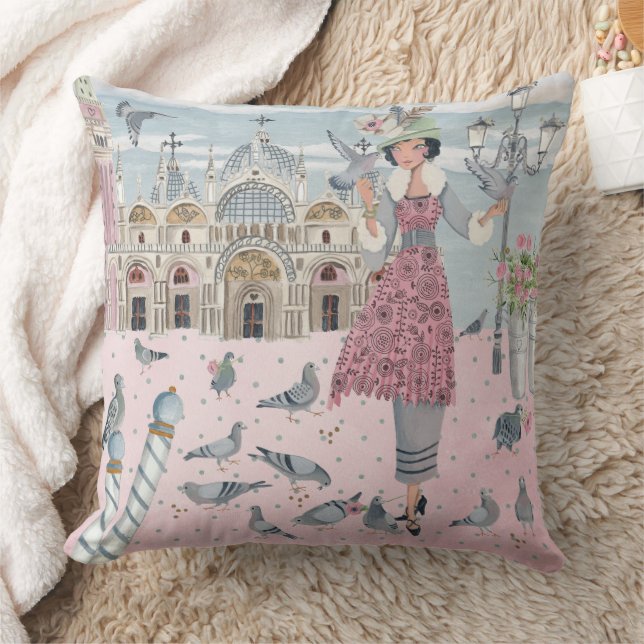 Italy Venice travel pink grey pigeons girl drawing Cushion (Blanket)