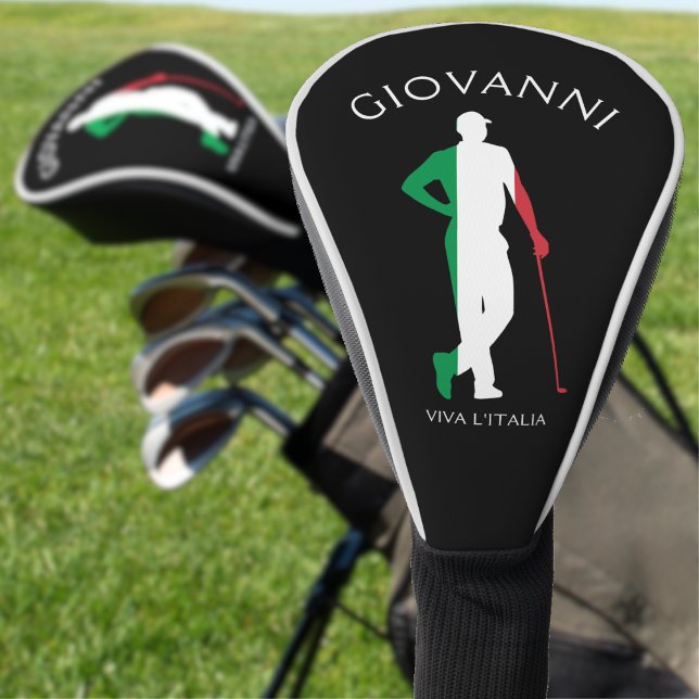 Italy Viva l'Italia Italian Flag Golfer Name Golf Head Cover (black italian golfer golf head cover with name and viva 'italia text)