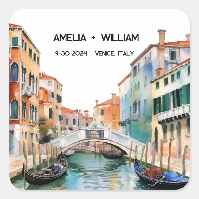 Italy Watercolor Romantic Destination Wedding Square Sticker (Front)