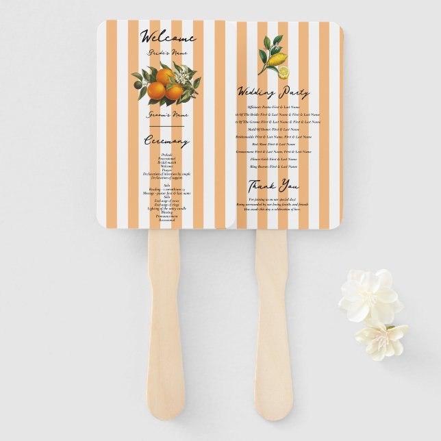 ItalyMediterranean Citrus Orange Wedding Program Hand Fan (Front and Back)