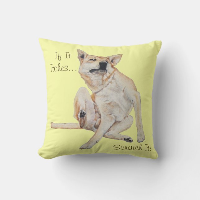 itchy dog scratching painting with funny slogan cushion (Front)