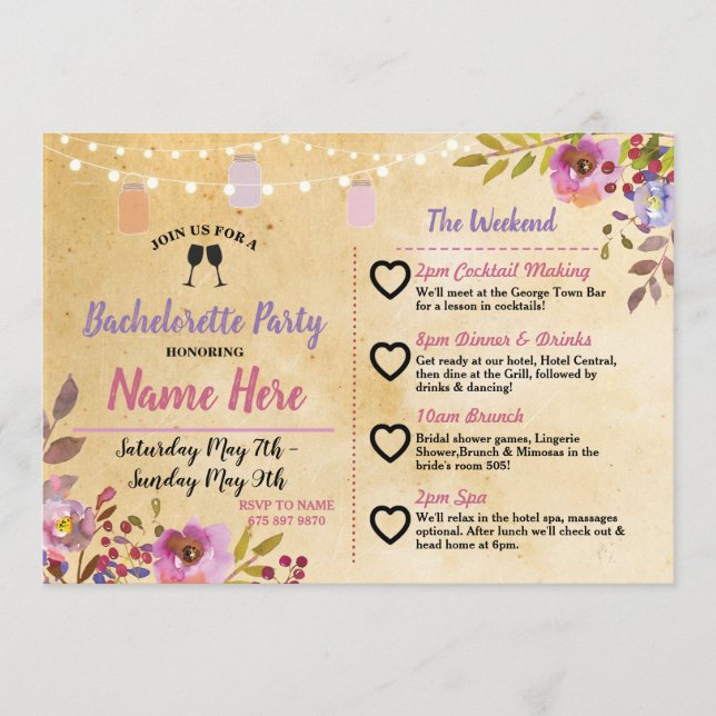 Itinerary Bachelorette Party Floral Jars Pink Wood Programme (Front)