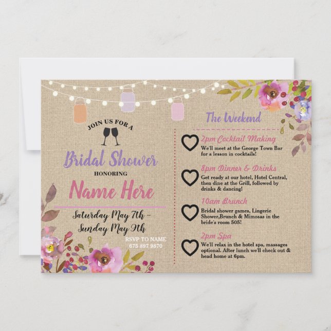Itinerary Bridal Shower Floral Jars Pink Wood Invitation (Front)