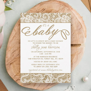 It's a Baby! Rustic Kraft & White Lace Baby Shower Invitation