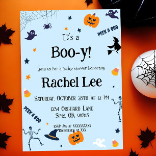 It's a Boo-y Light Blue Halloween Baby Boy Shower Invitation