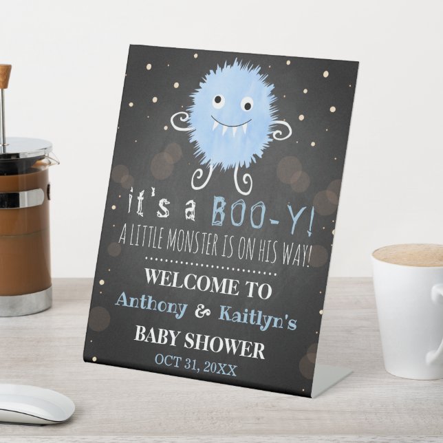 It's A Boo-y! Little Monster Halloween Baby Shower Pedestal Sign (In SItu)