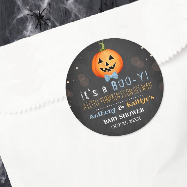 It's A Boo-y! Little Pumpkin Halloween Baby Shower Classic Round Sticker (Creator Uploaded)