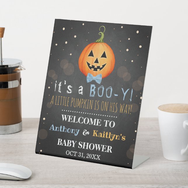 It's A Boo-y! Little Pumpkin Halloween Baby Shower Pedestal Sign (In SItu)