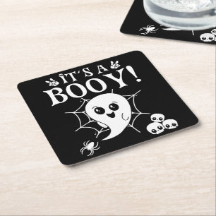 It's A Booy, Cute Baby Gender Reveal Halloween Square Paper Coaster