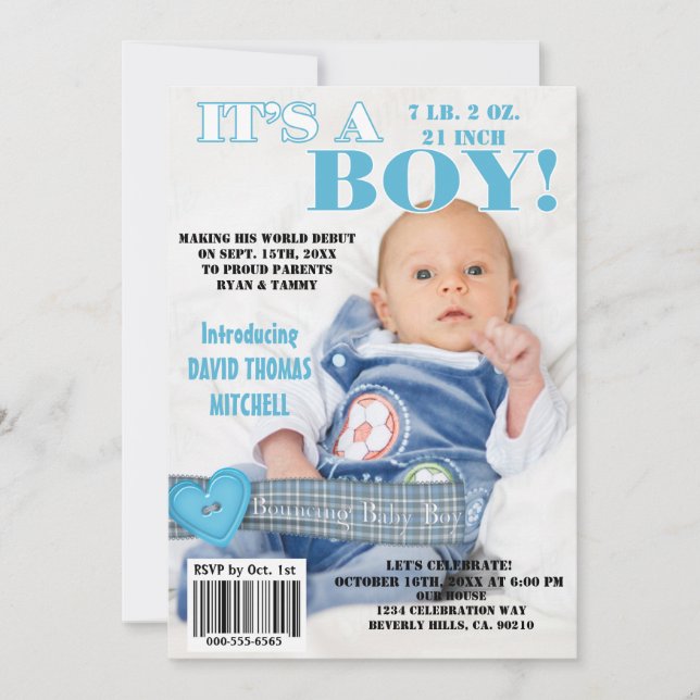 It's A Bouncing Baby Boy Magazine Cover Invitation (Front)