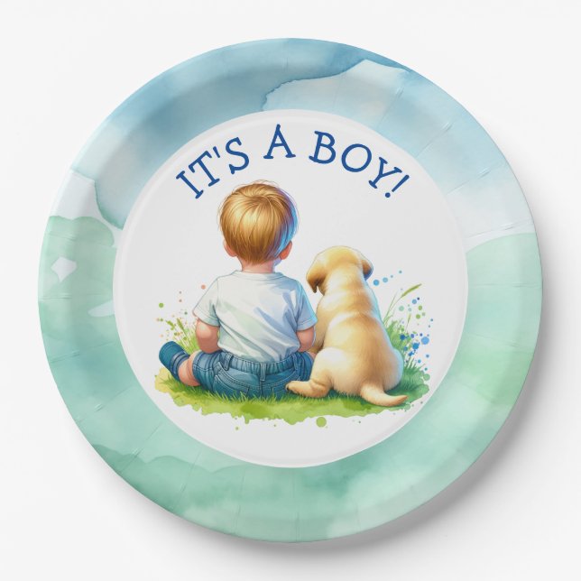 It's a Boy | A Baby and his Dog Baby Shower Paper Plate (Front)