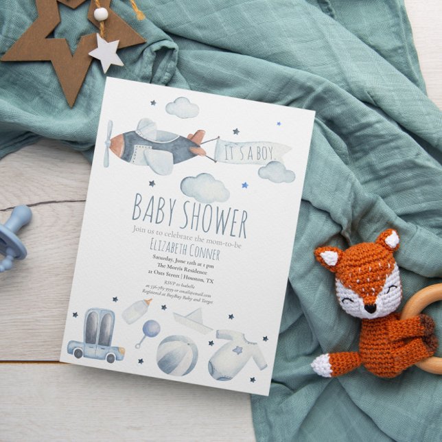 It's a boy Aeroplane WatercoIor Shower Invitation (Creator Uploaded)