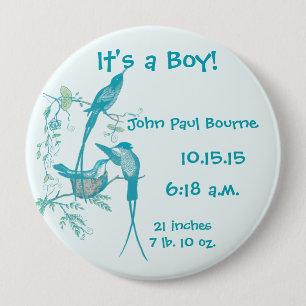 It's A boy! Aqua Vintage Bird Mum Dad Baby Button