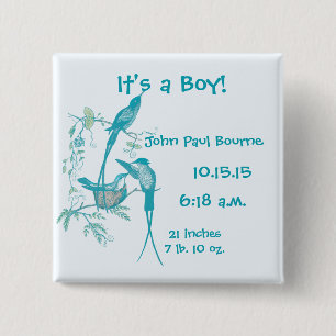 It's A boy! Aqua Vintage Bird Mum Dad Baby Button