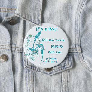 It's A boy! Aqua Vintage Bird Mum Dad Baby Button